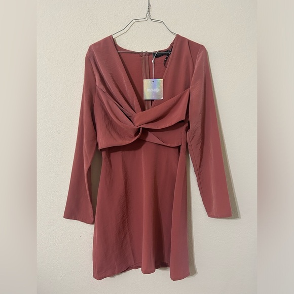 NWT Missguided Long Sleeve Cross Over  Mini Dress Pink Rust Formal Party Sz 8 - Picture 9 of 11